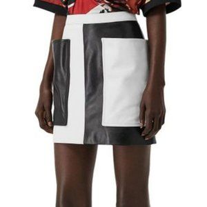 Burberry Size 4 Mini Monochrome Leather Skirt Lamb Leather Black White NEW